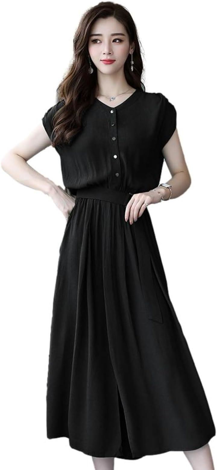 ワンピース レディース Aライン ミモレ丈 ウエストベルト シフォン フレンチスリーブ ノーカラー BB003(ブラック, 2XL)