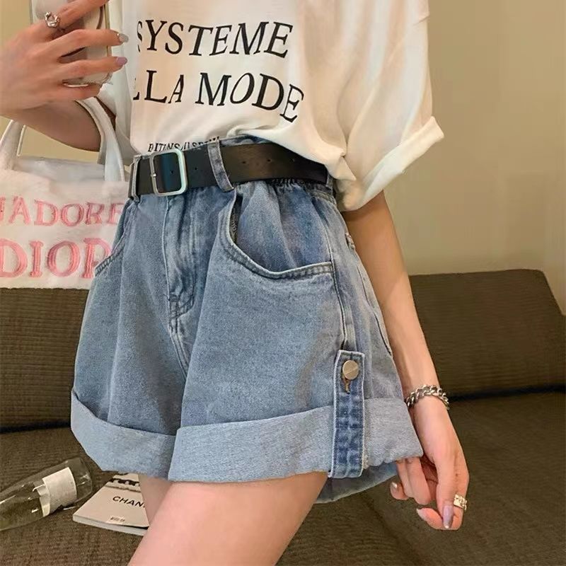 レディース用の新しい夏のハイウエストデニムショートパンツスリミングストレッチロールアップヘムボタンデザインホットパンツワイドレッグセクシースリミング