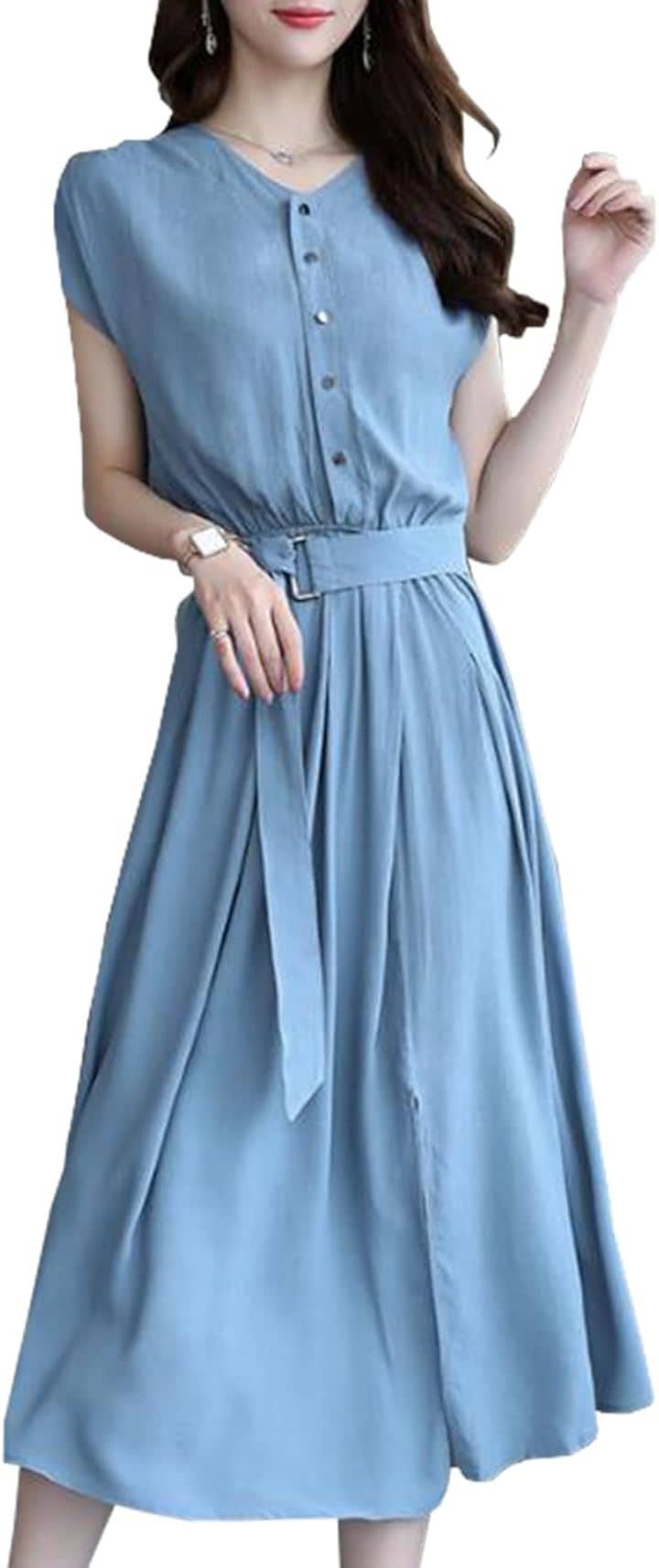 ワンピース レディース 半袖 Aライン ミモレ丈 きれいめ 無地 カジュアル 春 夏 秋( ライトブルー, M)