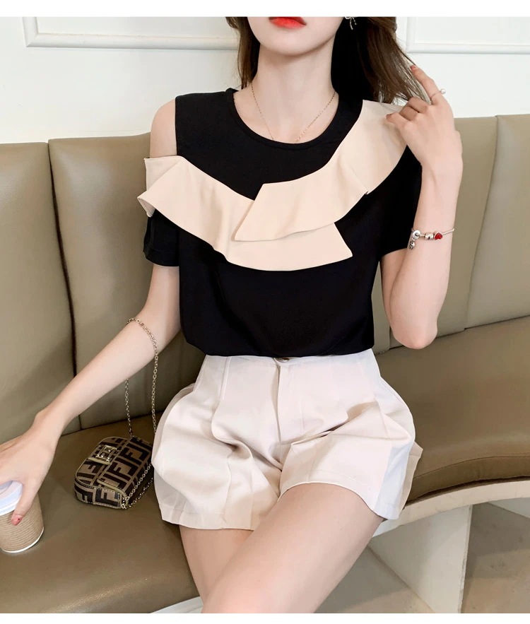 カットソー レディース 半袖 ワン オープンショルダー フリル ガーリー かわいい 大人可愛い きれいめ シンプル カジュアル 個性的 存在感 無地 夏 学生 デート イベント ブラック トップス