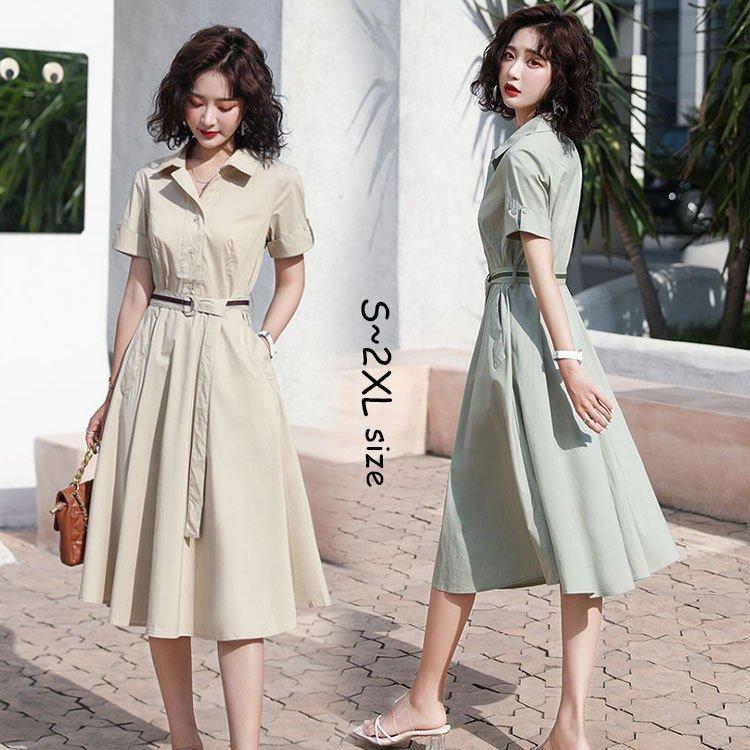 シャツワンピース レディース 40代 キレイめ ロング 可愛い 夏 半袖 シャツワンピ Aライン スカート ひざ丈 フレア おしゃれ 韓国風 30代 5,340円
