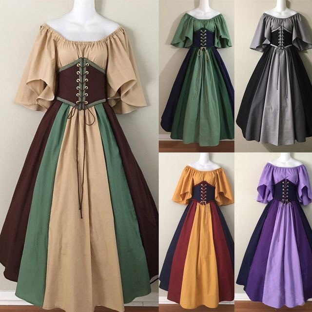 中世衝突色修身スカート飛袖大きいスカート1字肩ワンピース女性cos服は公演します