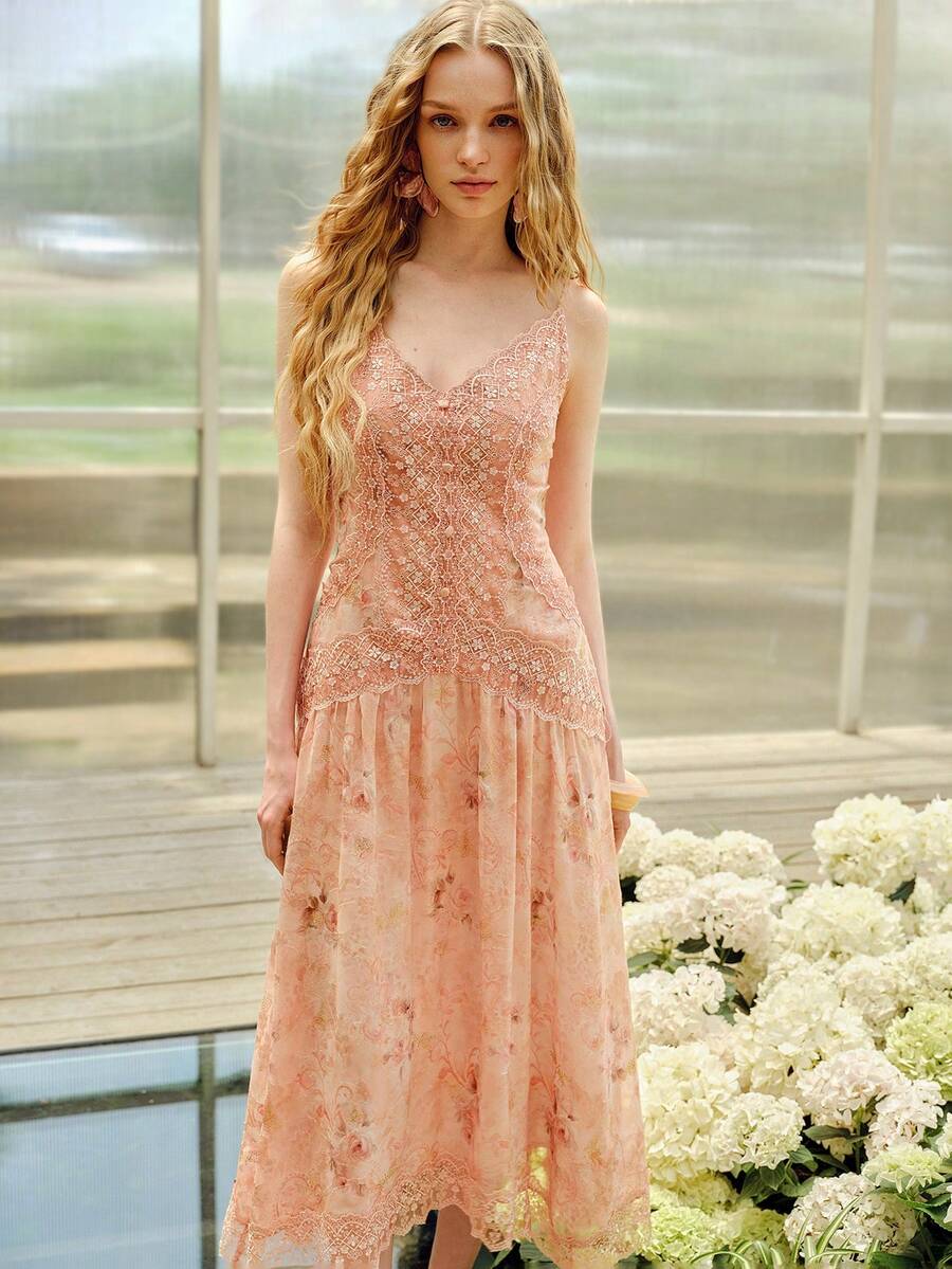 レース フローラル プリント スリップドレス