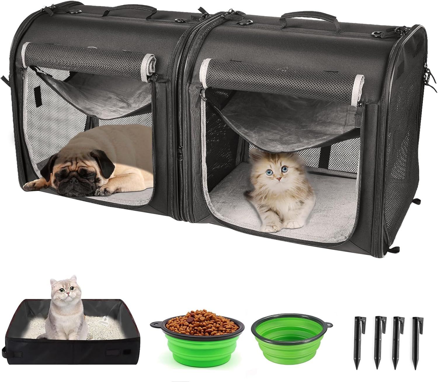 猫 キャリーバッグ 2匹用 猫 ケージ 持ち運び クレート 小型犬 猫 カゴ ダブルケージは単独でご利用いただけます 折りたたみ可能 折りたたみボウル2個 収納袋