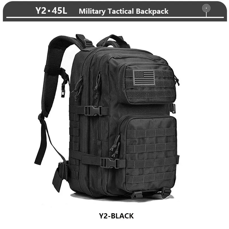 ミリタリー戦術バックパック3日間アサルトパックアーミーモールバッグ38/45l大型屋外防水ハイキングキャンプ旅行600dリュックサック Y2 BLACK