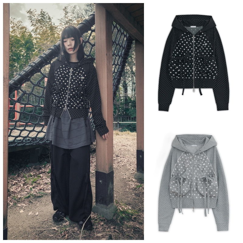 Hugyourskin【HUGYOURSKIN】 DOT BIG POCKET HOODIE ZIP-UP