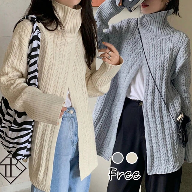 【即納】ニット レディース トップス 長袖 セーター トップス ニットセーター ゆるニット 大きいサイズ おしゃれ ハイネック チュニック丈 ルーズ トレンド スリット お出かけ