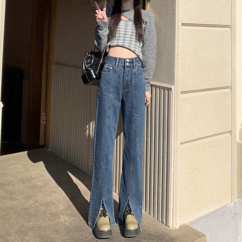 ダメージ ジーンズ 長ズボン フレア ジーパン スリット セミフレア パンツ ハイウエスト ストレッチ ロング ワイドパンツ スリット ストレッチ 美脚 動きやすい 韓国 かわいい 可愛い lbot0