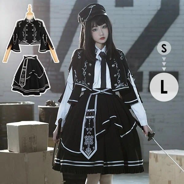ミニロリ 軍服ロリータ ゴスロリ フルセット ゴシック ブラウス スカート 上下フルセット ミリタリーロリィタ ブラック 黒 膝丈 レディース