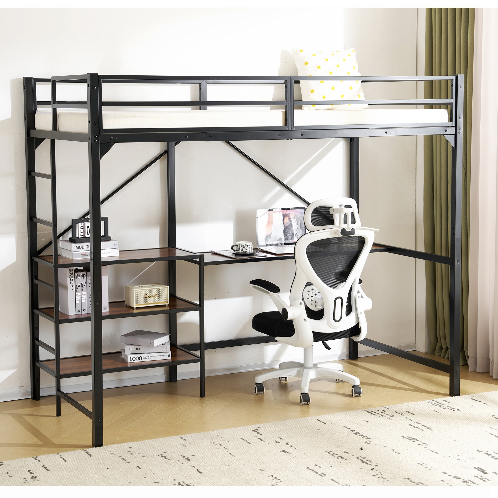 457新作 ブラック　　ロフトベッド パイプベッド デスク付き ラック棚付き シングルベッド ロータイプ ロータイプ 木 収納 北欧風 おしゃれ 子供部屋 スチール470