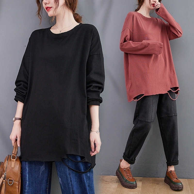 純色ロングTシャツ2024秋新型韓国版の大きいサイズ着痩せ上着長袖ブラウススウエット