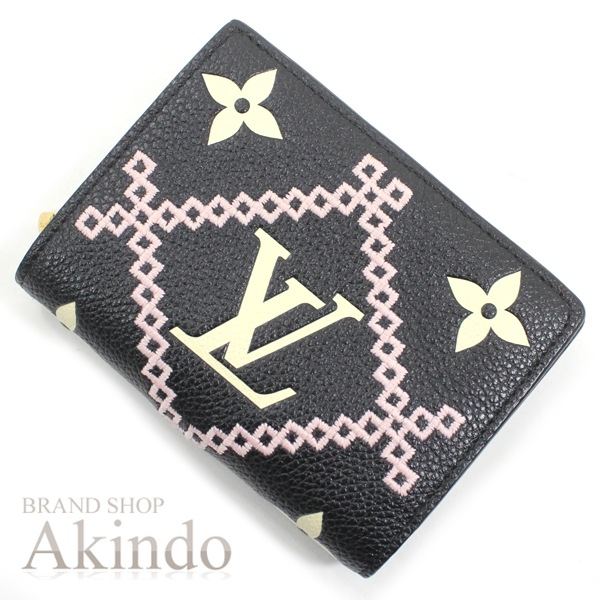 【新品同様】ルイヴィトン 二つ折り財布 ポルトフォイユ・クレア モノグラムアンプラント ブロデリー 刺繍 レザー 黒 ブラック M81139 LOUIS VUITTON レディース コンパクトブラン