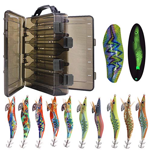 色：10本3.0号（5本ホログラムシールタイプ+5本夜光タイプ）専用半透明ルアーボックス イカ釣り