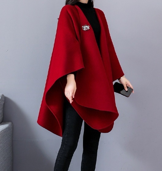 アウター コート レディース 冬 かわいい 暖かい ショート丈 不規則丈 大きな襟 ワイドカラー ルーズ ショールカラー BIGシルエット フレア 前開き 赤 レッド ワインレッド フリーサイズ 大き