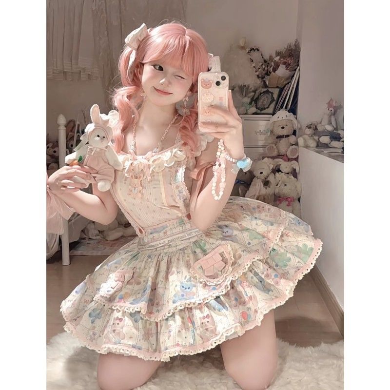 ロリータ レトロかわいい フリル レース ストラップスカート ポンポンスカート ワンピース 4,650円