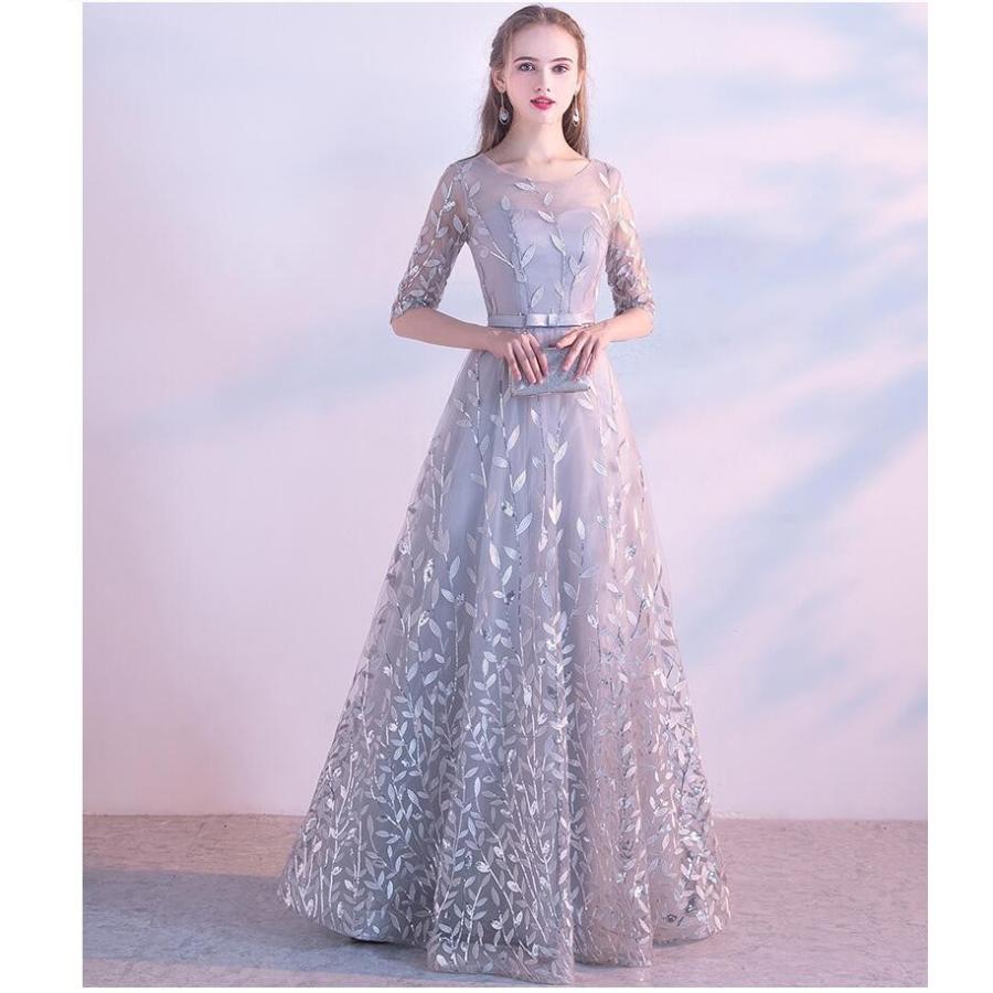 ロングドレス 袖あり パーディードレス ウエディングドレス 結婚式 二次会 舞台用 披露宴 演奏会 発表会 ピアノ 大きいサイズ 成人式 aラインワンピース 上品-415