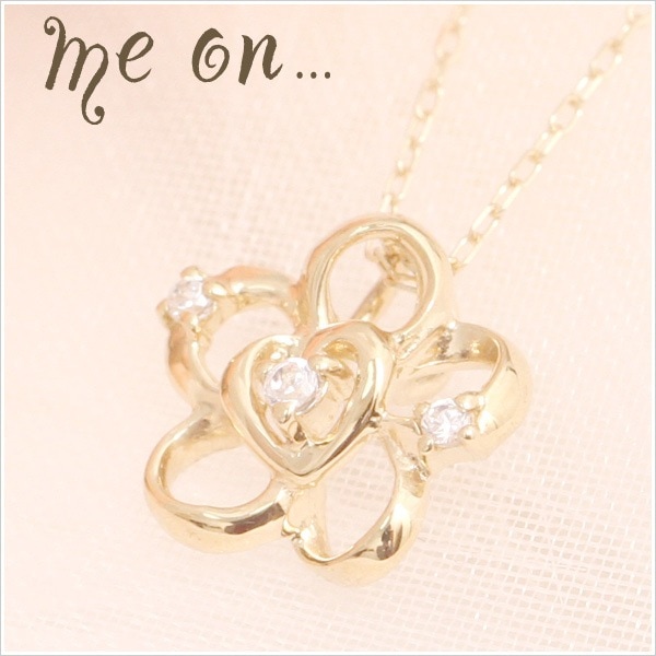 me on... K10イエローゴールド丸いフォルムのお花がメルヘンチック ハートも隠れた花モチーフ天然ダイヤモンドネックレス 発送目安：２３週間