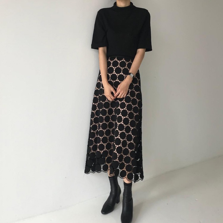 新作 Aラインスカート ドット模様 レーススカート 黒 白 プレミアム フレンチレース フェアリー