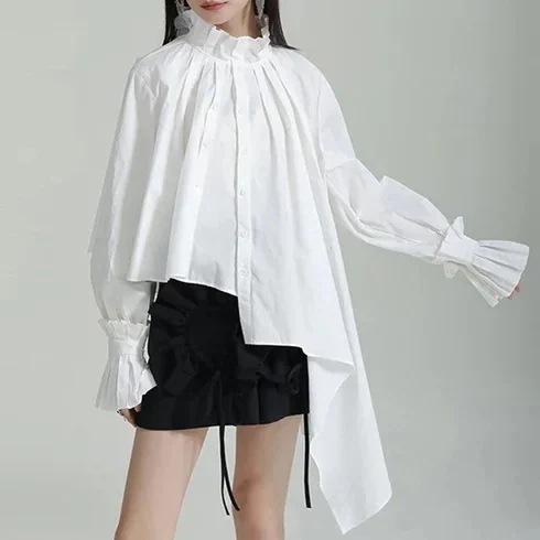 個性 不規則 デザイン プリーツスタンドカラー アシンメトリーシャツ白 フリル ワンピース 白 可愛い テレビ出演衣装