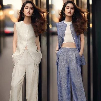 お姉さん気質カバー2024夏女性丸襟袖なしベスト高腰ワイドパンツ2セットです