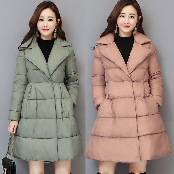 ロングコート レディース　コート ダウンコート ブラック Aライン　Vネック　ワンピースコート　ダウンジャケット　中綿ジャケット 2018冬 5色　30代40代