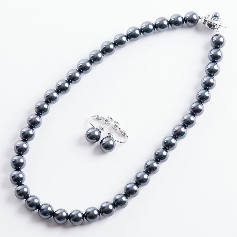 高級10mm花珠南洋黒蝶オーロラ本貝パールネックレスイヤリングorピアスセット タヒチ黒蝶系 黒真珠系 宝飾店仕様 ブラックフォーマル 葬祭 葬式 通夜 告別式