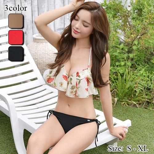 【グラシア】 水着 ビキニ レディース ビーチウェア スイムウェア 流行 海 プール バイカラー フェミニン フリル ふんわり 花柄 胸元 ブラウン ブラック レッド S M L ビキニ