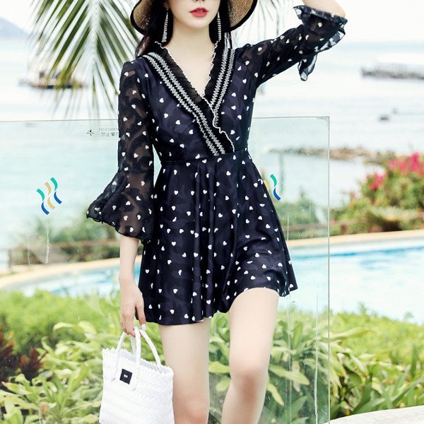 レディース 水着 スイムウェア ワンピース水着 ハート柄 前後Vネック フレア シフォン シースルー フレアスリーブ フリル カシュクール シースルー 透け感 バイカラー 上品