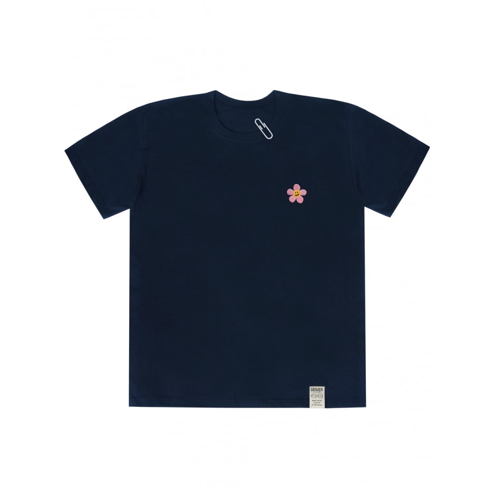 GRAVER ピンクフラワーエンブロイダリー半袖Tシャツネイビー