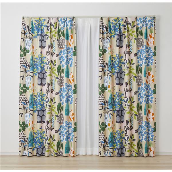 デザインライフ 遮光カーテン フラワーポット 約幅100x丈178cm ベージュ V1344 1枚入