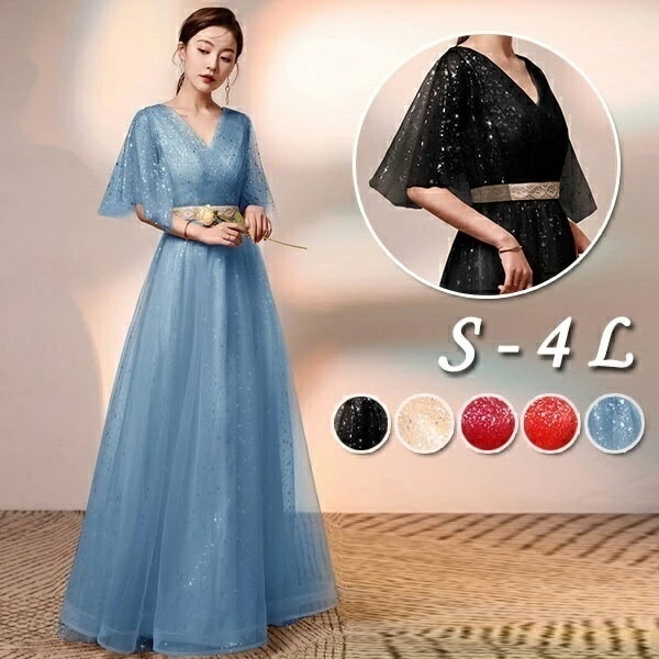 【激安開催！】ロングドレス 演奏会 編み上げ袖あり 半袖 ケープスリーブ フレアスリーブ キラキラ カシュクール ピアノ 発表会 母親 結婚式 ロング 大きいサイズ 4L 体型カバー 謝恩会 卒業式