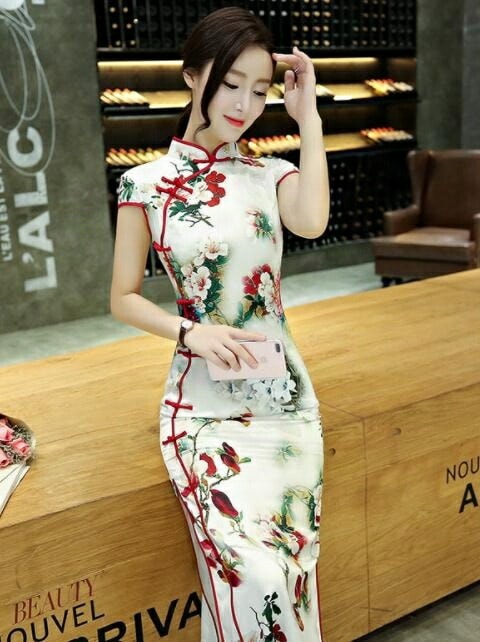 半袖ロング丈チャイナドレス　落ち着穏やかなチャイナワンピース　中国風フォマール二次会ドレス　中華風コスプレ衣装　ロング中華ドレス　古典舞台演出衣装