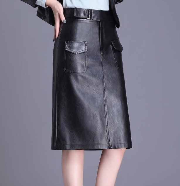 レザースカート ミディアム丈 ハイウエスト バックスリット 秋冬 カジュアル お出かけ デート