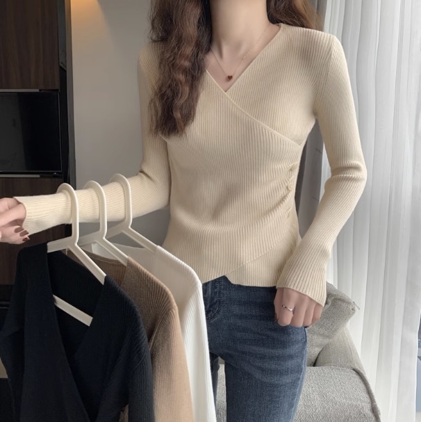 レディース トップス ニット セーター プルオーバー 長袖 Vネック カシュクール スリム 細身 ラップ フェミニン ニット 伸縮性 かわいい 大人可愛い きれいめ シンプル カジュアル 上品