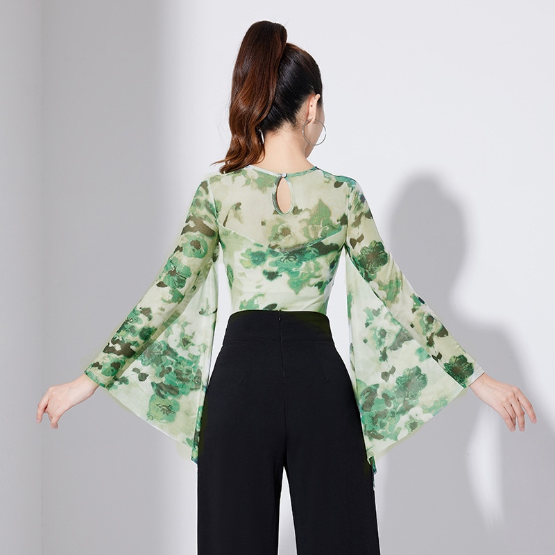 モダンダンストップスレディースワルツダンススーツジャンプスーツおしゃれ社交ダンスラテンダンスフローティングスリーブ競技スーツ