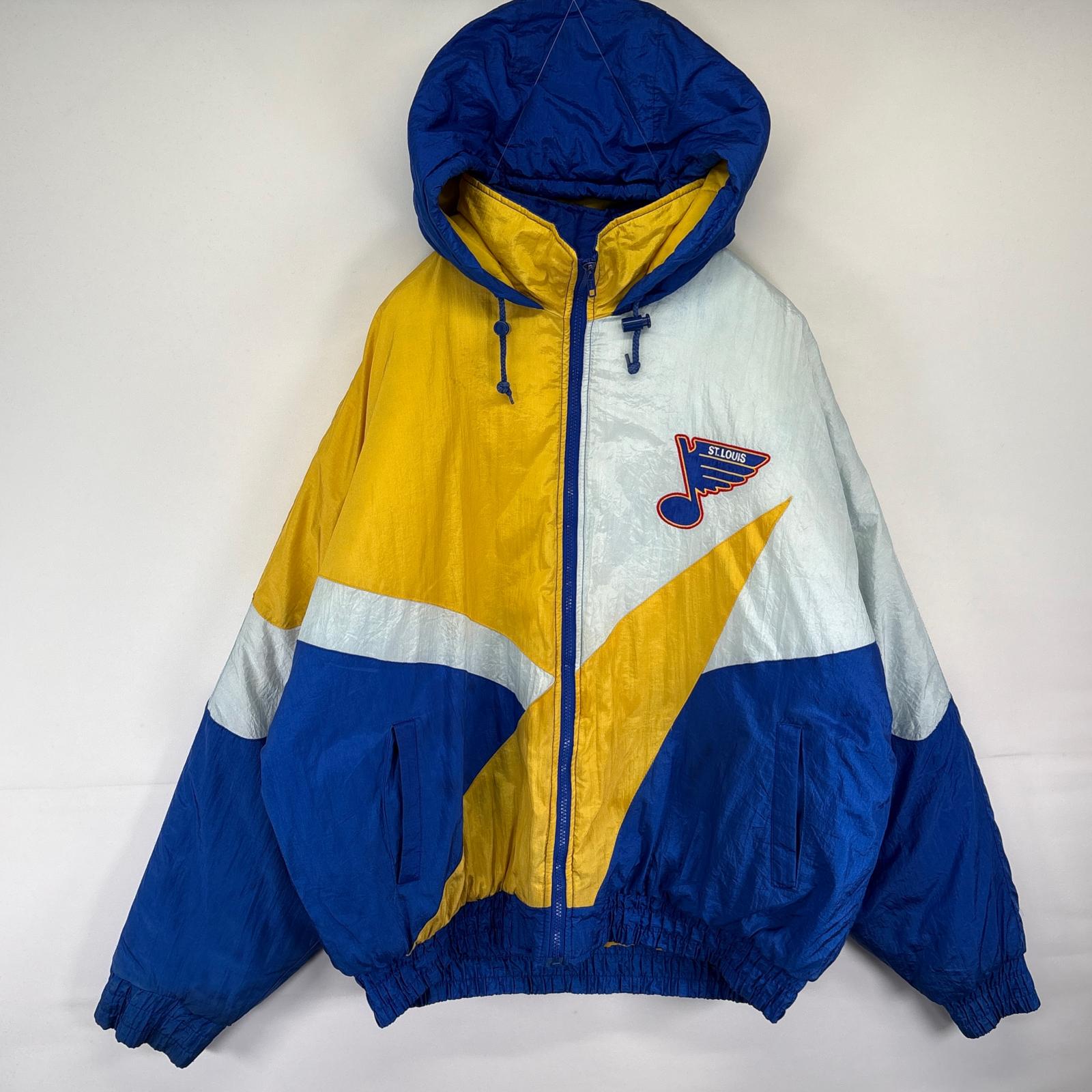 古着 90s/90年代 FANS GEAR ナイロンジャケット NHL セントルスブルース バックロゴ パーカー 中綿 大きいサイズ XXL ブルー メンズ