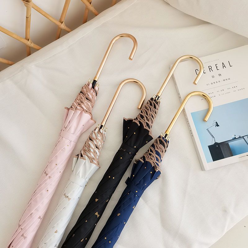 ホットスタンピング刺繍エッジビニールサンシェード抗uvゴールドカーブフック女性用日傘晴雨兼用傘手開きロングハンドル傘