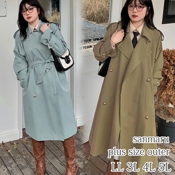 大きいサイズ アウター レディース ビッグラペル トレンチコート 襟 袖ベルト フラップポケット メタルボタン ダブルブレスト ラグランスリーブ 袖口ベルト ウエストベルト付き ミモレ丈 グリーンブラ
