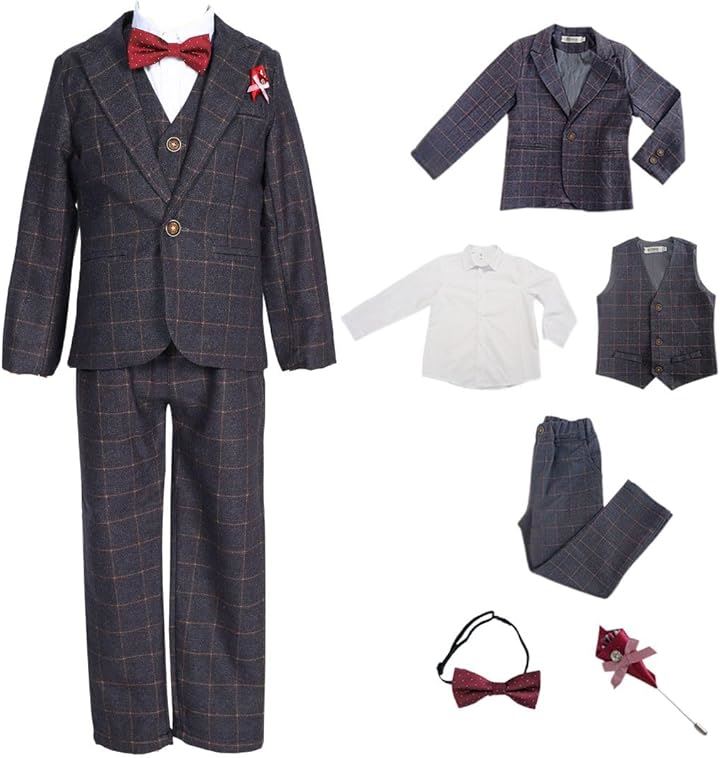 キッズ フォーマル スーツ 男の子 6点セット 入園式 卒園式 入学式 発表会 七五三 セットアップ ジャケット ベスト 子供服 チェック柄(グレー, 130) 5,535円