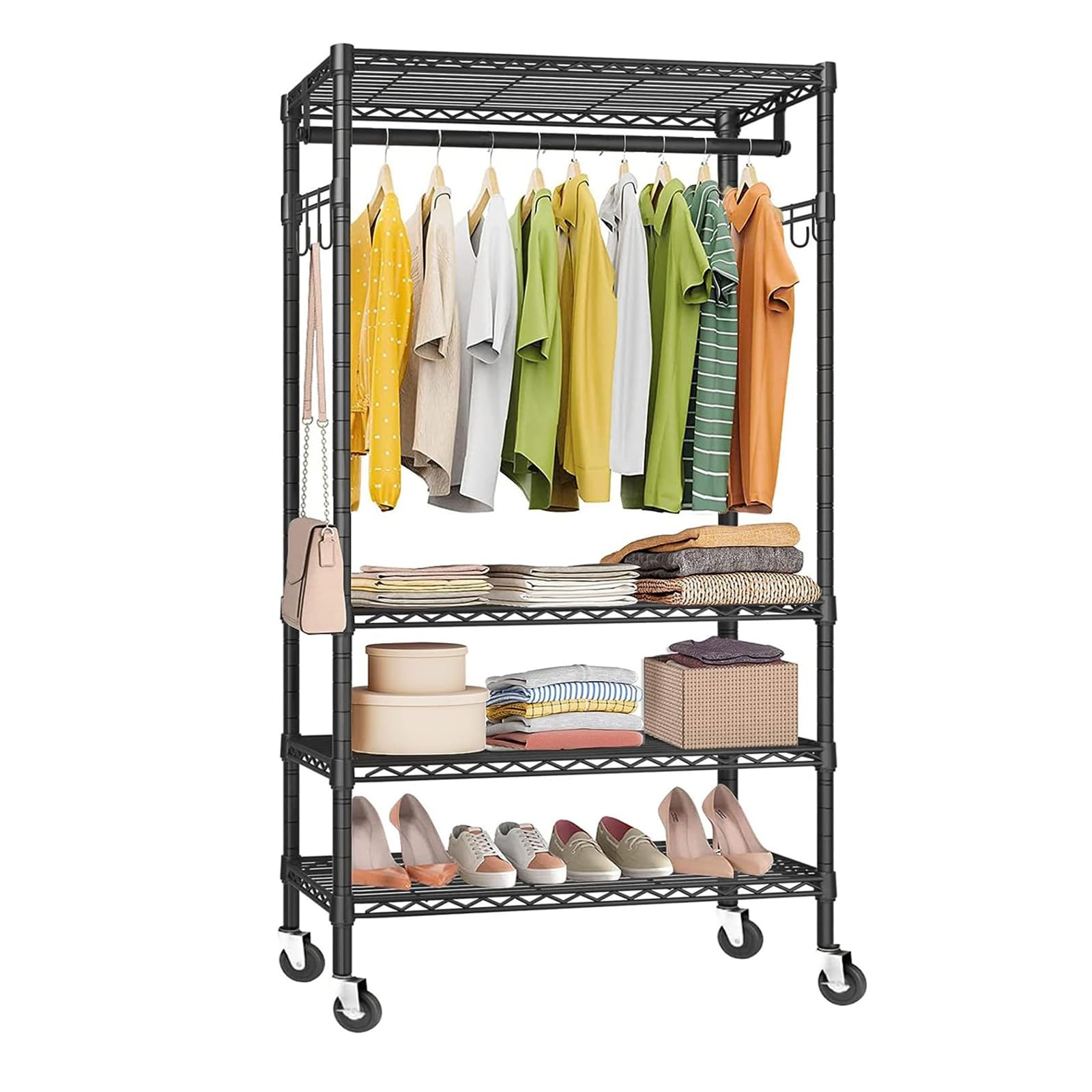 Fainyearn メタルラック ワードローブ ハンガーラック スチールラック 洋服掛け 衣類収納用 メタル製ラック 高さ調節 棚3段 90cm×奥行45cm×高さ180cm