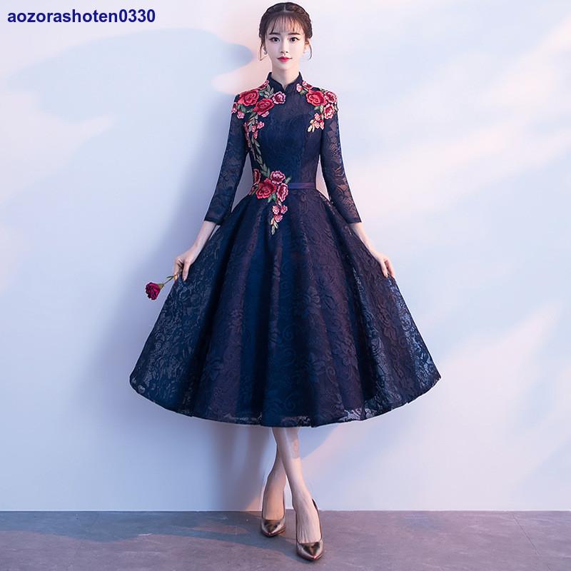 パーティードレス 結婚式 袖あり 花柄 レース ミモレ丈 披露宴 二次会 卒業式 成人式 謝恩式 食事会 花嫁 着痩せ 上品 大人 お呼ばれ