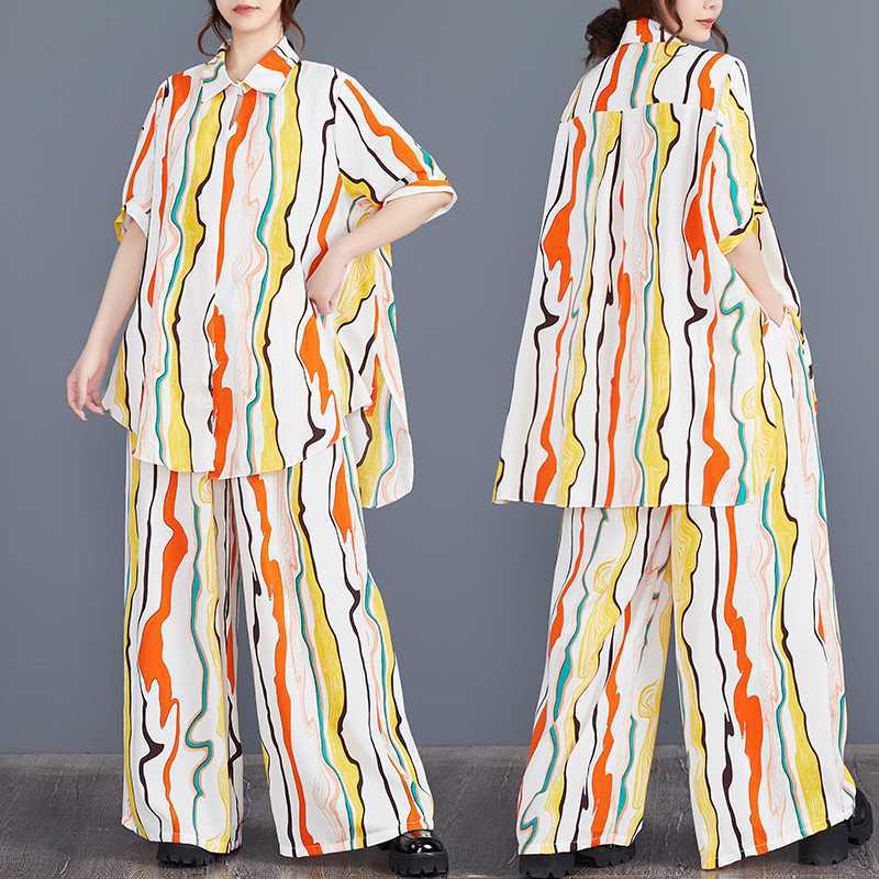 「ファットガール」 2024夏今週の割引は 25% オフです新品 上下セット ロングシャツ+ワイドパンツ 大きいサイズ 体型カバー レディース セットアップ メガ割