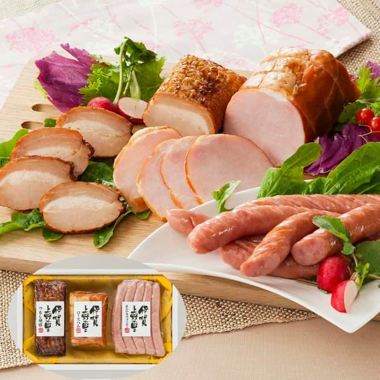 三重 伊賀上野の里 つるし焼豚&ロースハム&ウインナー詰合せ (焼豚170g ロースハム250g ウインナー150g) 離島は配送不可 3070066 お歳暮 お中元 お土産 ご進物 ギフト 贈り物に