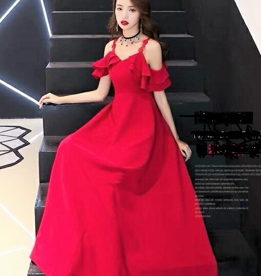ロングドレス フリル オフショルデザイン 上品フレアAラインドレス（レッド・ブラック）【パーティドレス　マキシワンピース　パーティー　キャバ　お呼ばれ　ロングドレス】【】