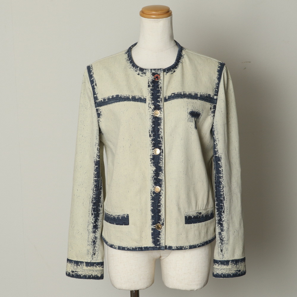 極美品 ブリーチ デニム ノーカラー Gジャン 38 アウター デニムジャケット ブランド 高級 人気 流行 おしゃれ 30代 40代 50代 誕生日 婦人 かわいい プレゼント レディース MMy