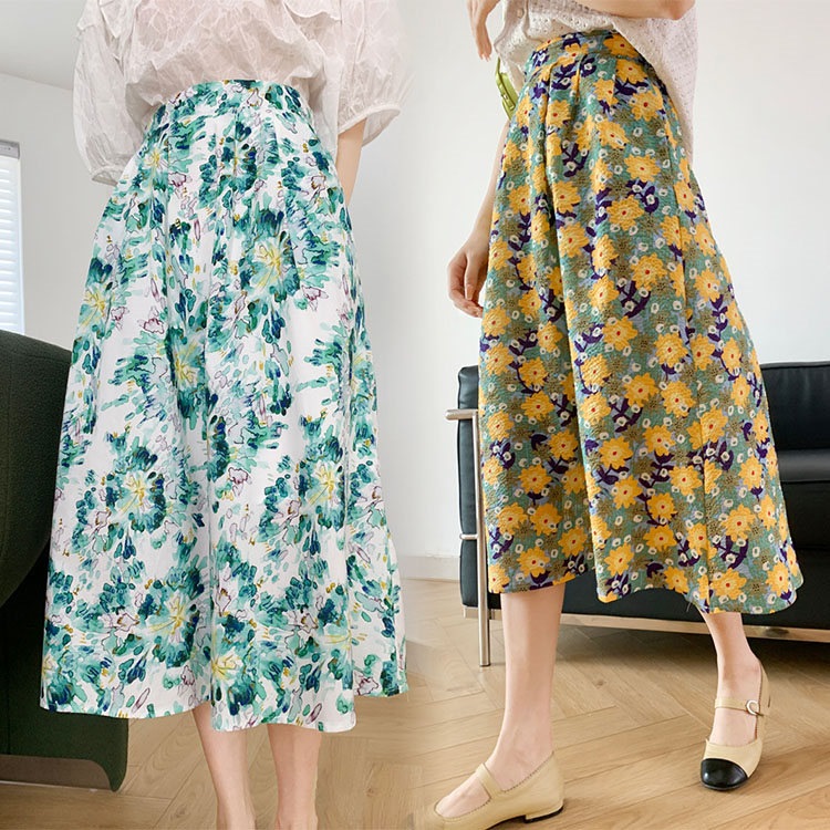 スカート Aライン 春秋 レディース ミモレ丈 体型カバー 優雅 ナチュラル 大人 洋装 パーティー ファッション結婚式 二次会 同窓会 上品 きれいめ お出かけ 花柄 着やせ ブルー イエロー BQ
