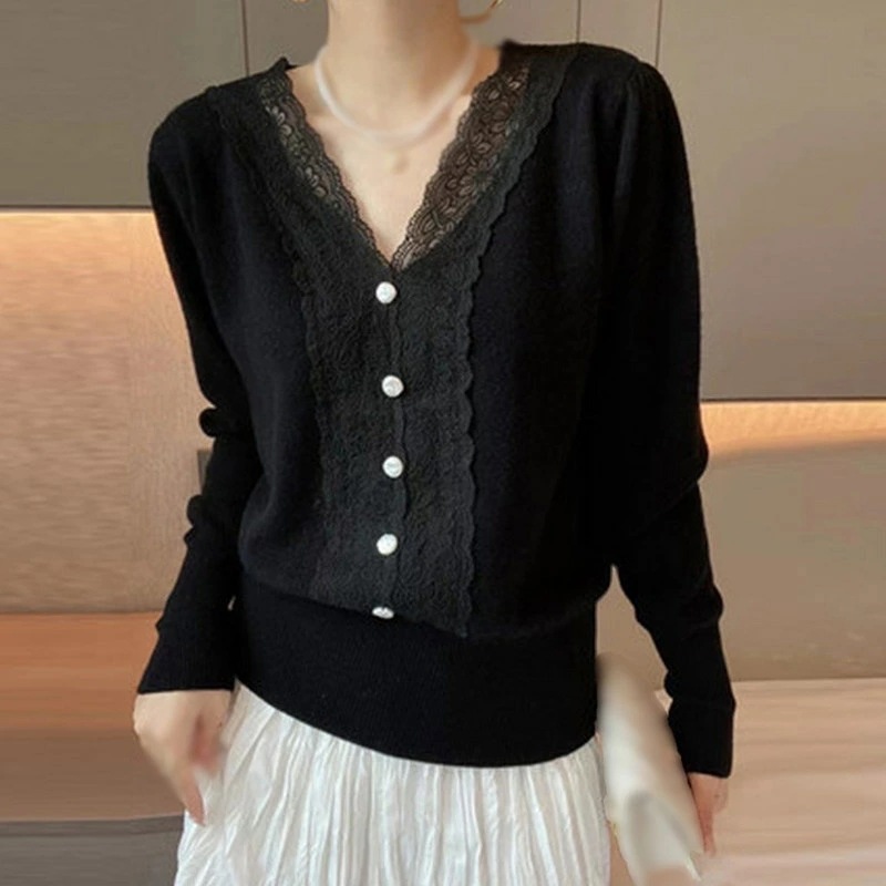 ニットトップス レディース 春 秋 セーター 黒 白 Vネック レース 秋ニット セーター ニット 秋セーター トップス ニットセーター 長袖 エレガント レースセーター 可愛い 上品 インナー 無地