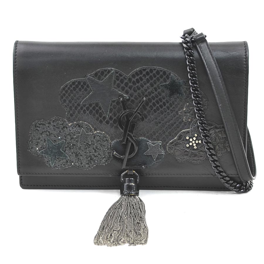 サンローラン SAINT LAURENT ウォレットチェーン 斜め掛けショルダーバッグ レザー/メタル ブラック レディース e60535a