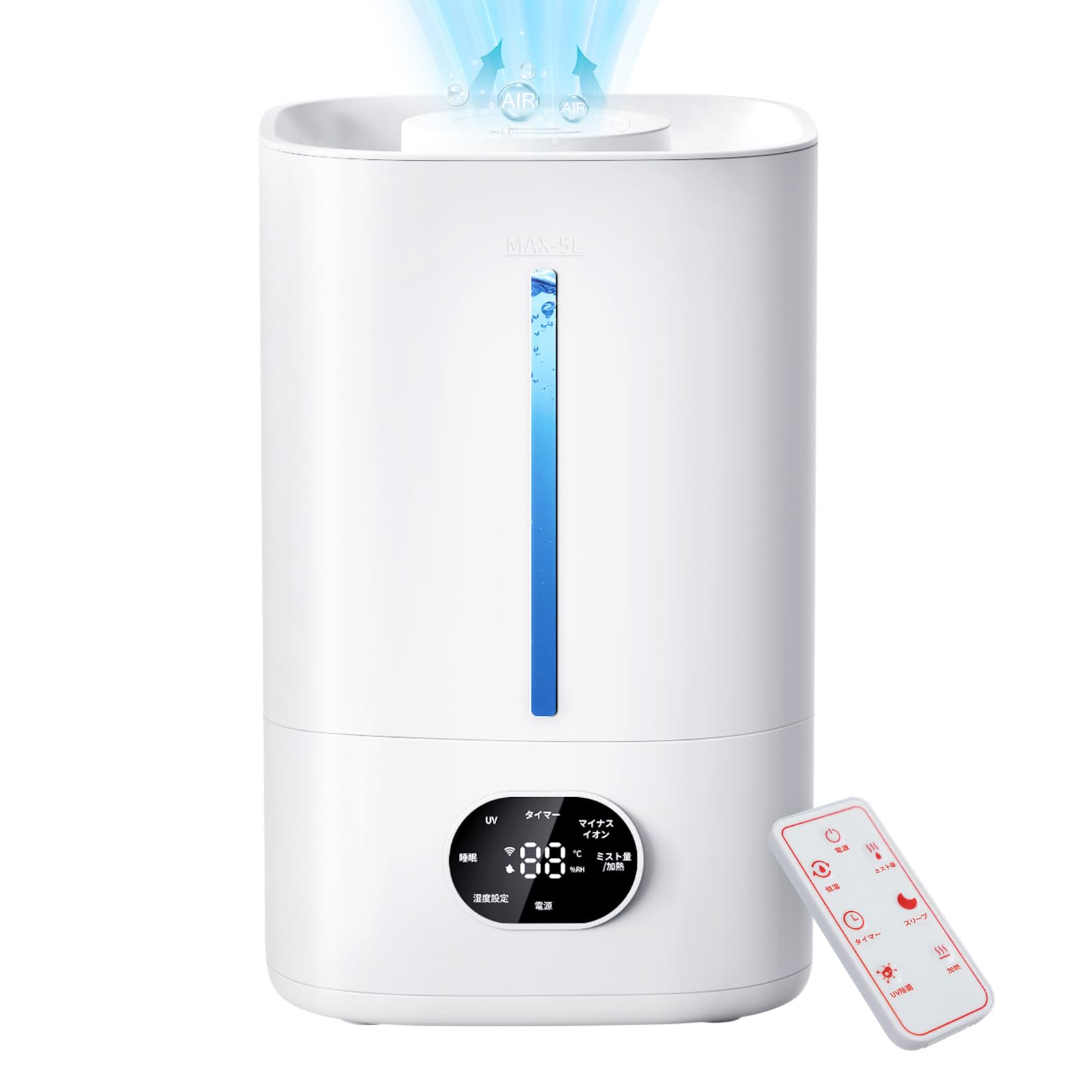 加湿器 大容量 5L【2025年新登場・加熱式】超音波式 AI知能恒湿 ハイブリッド式加湿器 卓上 上から注水 ダブル吹出口 マイナスイオン アロマ対応 3段階霧量調整 6段階加湿量調節 タイマー機能