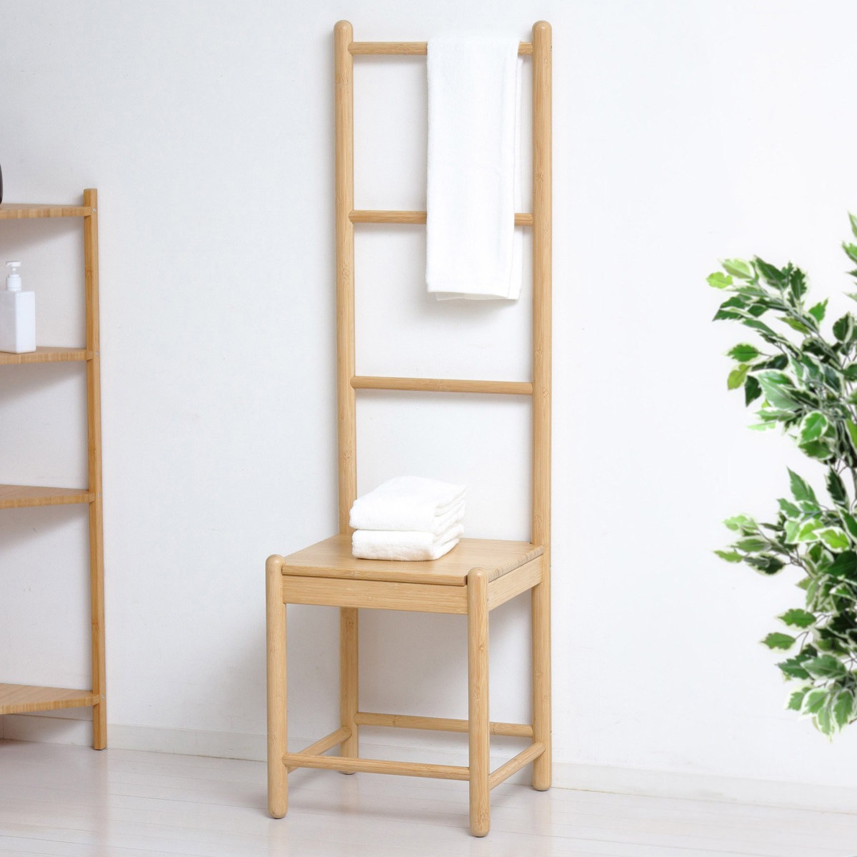 チェア 座面高42cm ディスプレイラック ラダーチェア Bamboo ラダーハンガー ハンガーラック ハシゴ はしご 収納 棚 玄関 リビング 脱衣所 ナチュラル モダン 和モダン